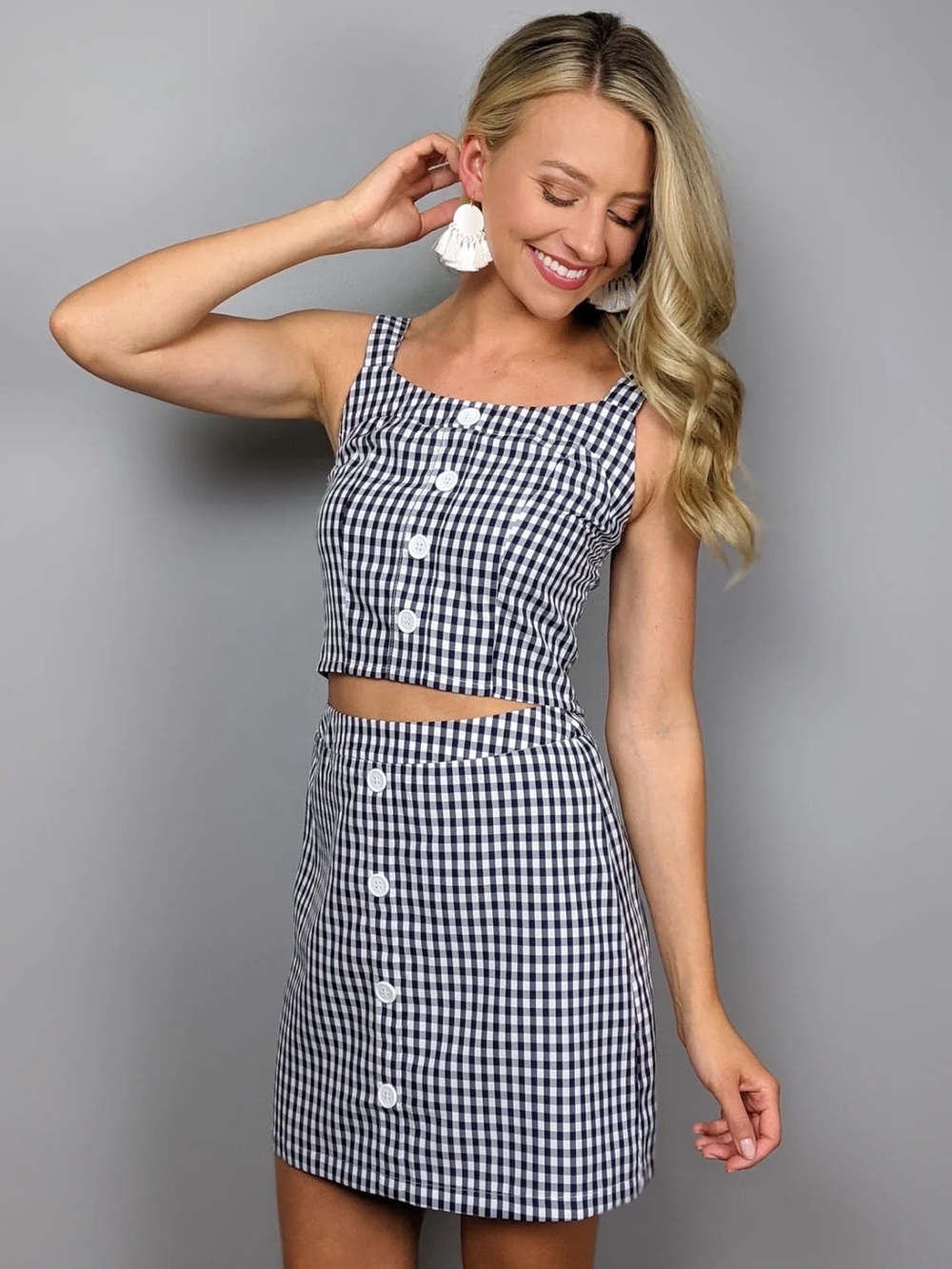 Lili Sidoni x Molly Bracken Navy and White Gingham Button-Front Set